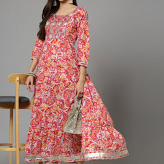 Stylum Women's Printed & Embroidered Cotton Tiered Dress Kurta (LISA)