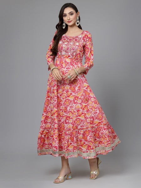 Stylum Women's Printed & Embroidered Cotton Tiered Dress Kurta (LISA)