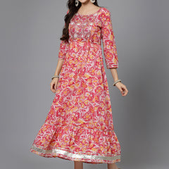 Stylum Women's Printed & Embroidered Cotton Tiered Dress Kurta (LISA)