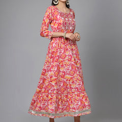 Stylum Women's Printed & Embroidered Cotton Tiered Dress Kurta (LISA)