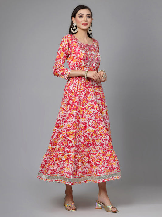 Stylum Women's Printed & Embroidered Cotton Tiered Dress Kurta (LISA)