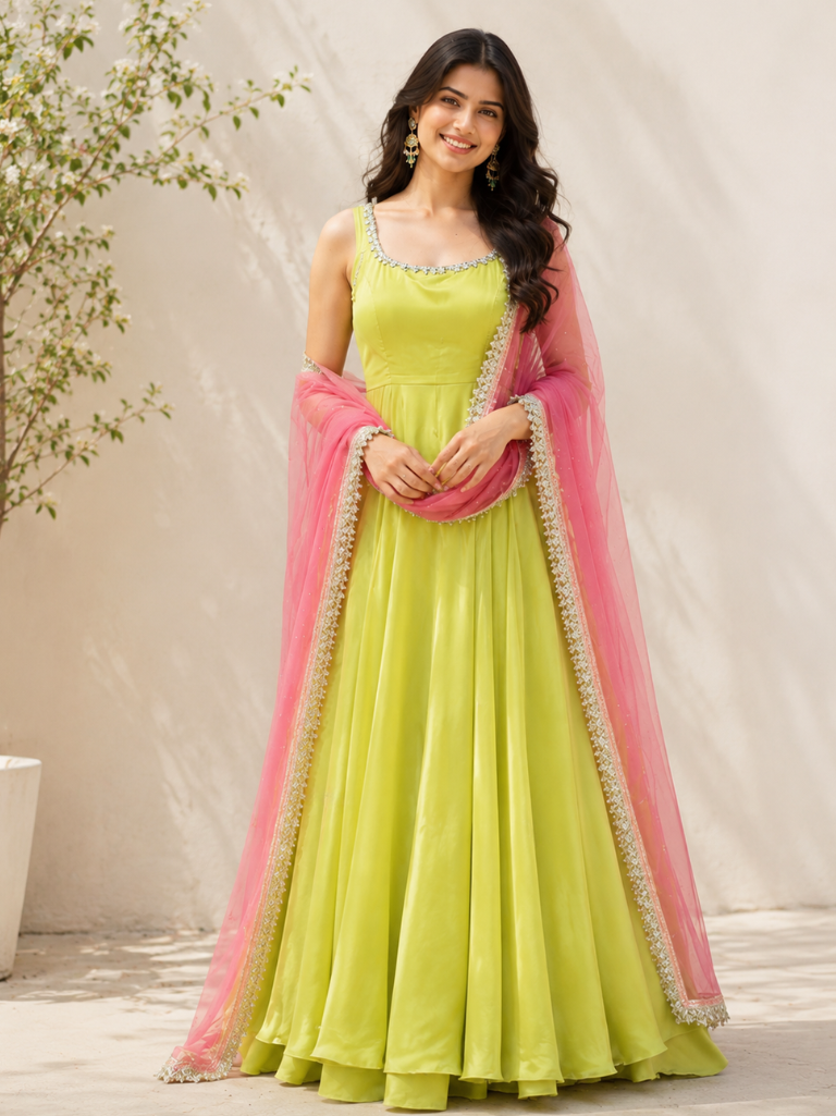 Lime Green Embellished Anarkali Suit Set for Women