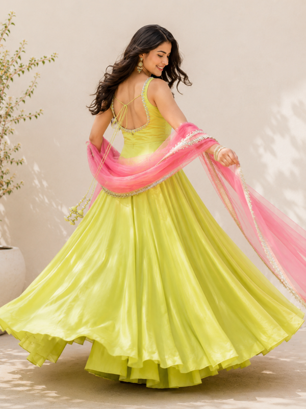 Lime Green Embellished Anarkali Suit Set for Women