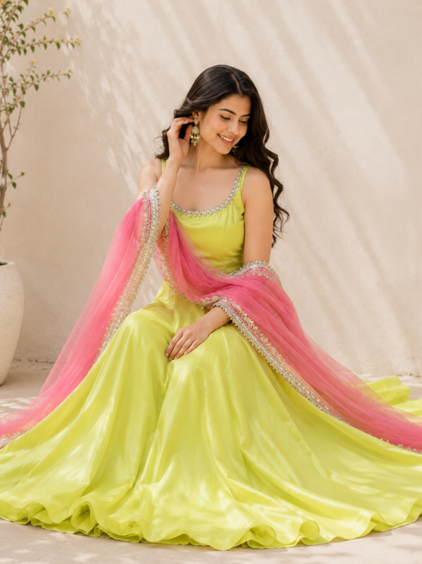 Lime Green Embellished Anarkali Suit Set for Women
