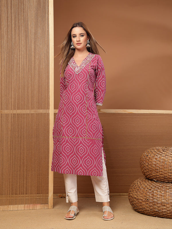 Stylum Women's Magenta Bandhej Printed & Embroidered Cotton Straight Kurta (MAGENTAGOPI)