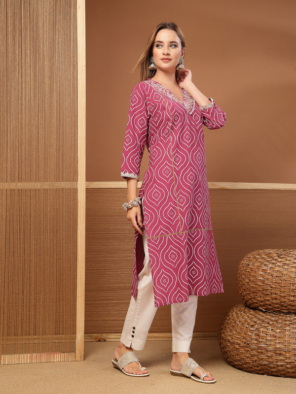 Stylum Women's Magenta Bandhej Printed & Embroidered Cotton Straight Kurta (MAGENTAGOPI)