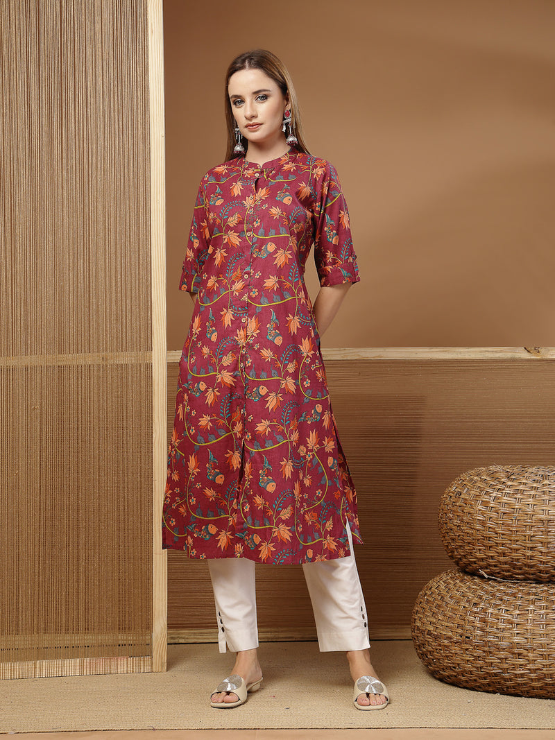 Stylum Women's Magenta Floral Printed Cotton A-Line Kurta (MAGENTATRIPURA)