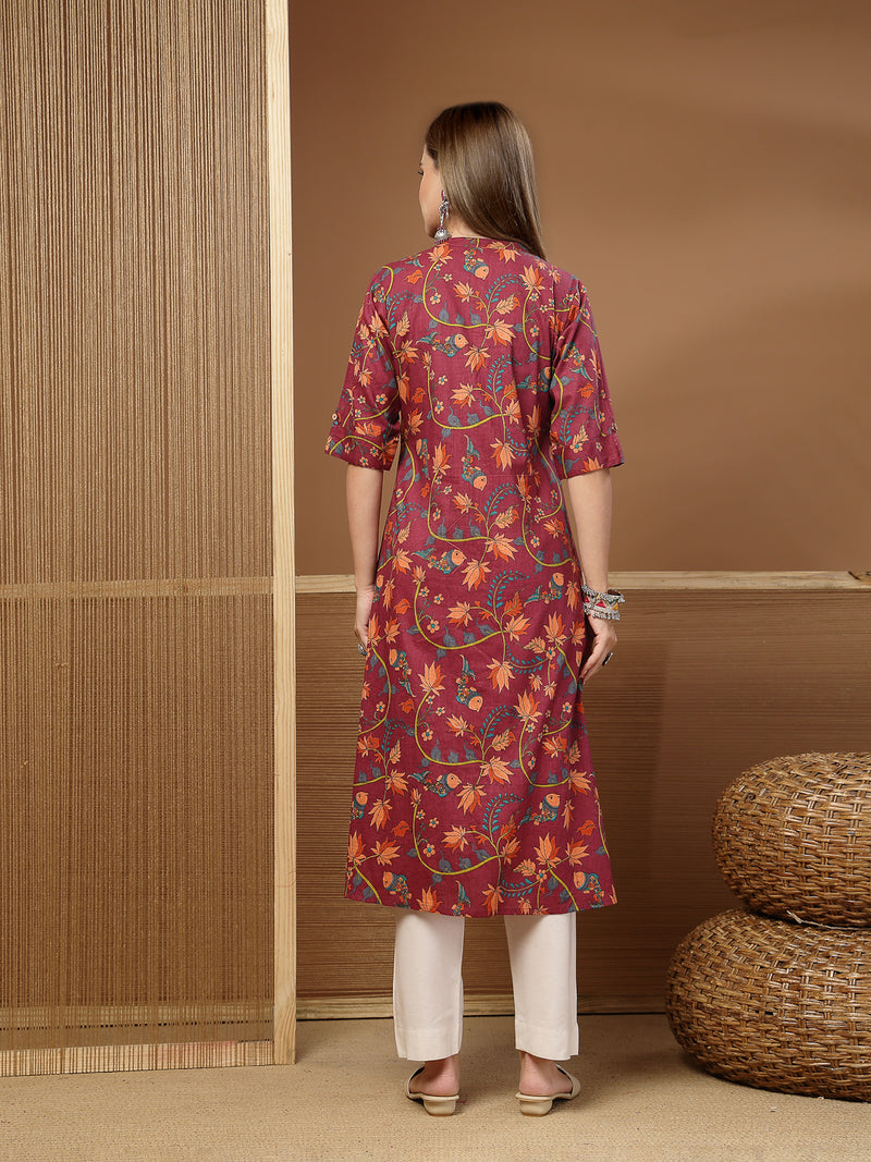 Stylum Women's Magenta Floral Printed Cotton A-Line Kurta (MAGENTATRIPURA)