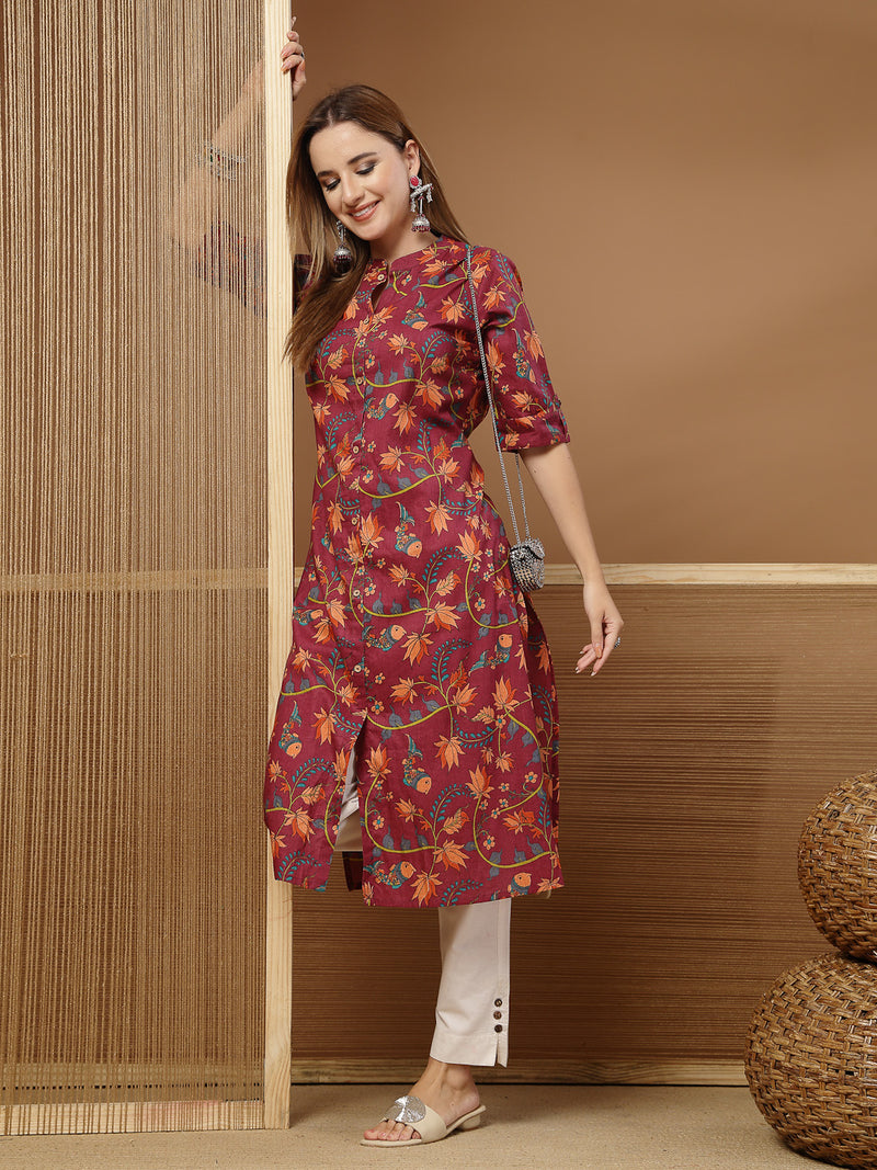 Stylum Women's Magenta Floral Printed Cotton A-Line Kurta (MAGENTATRIPURA)