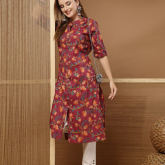 Stylum Women's Magenta Floral Printed Cotton A-Line Kurta (MAGENTATRIPURA)