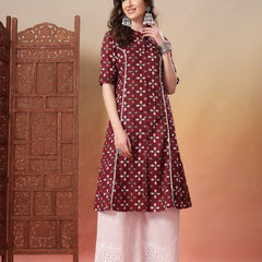 Stylum Women's Maroon Bandhej Printed Cotton A-Line Kurta (MAROONSORA)