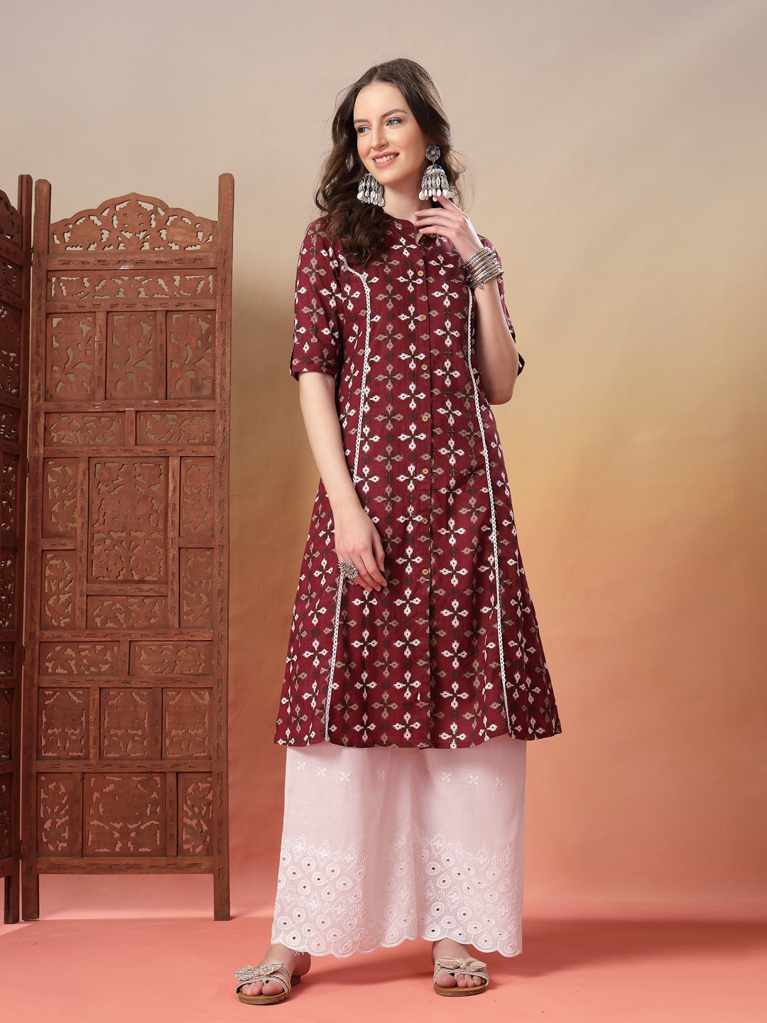 Stylum Women's Maroon Bandhej Printed Cotton A-Line Kurta (MAROONSORA)