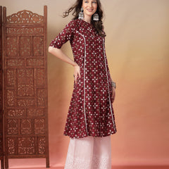 Stylum Women's Maroon Bandhej Printed Cotton A-Line Kurta (MAROONSORA)