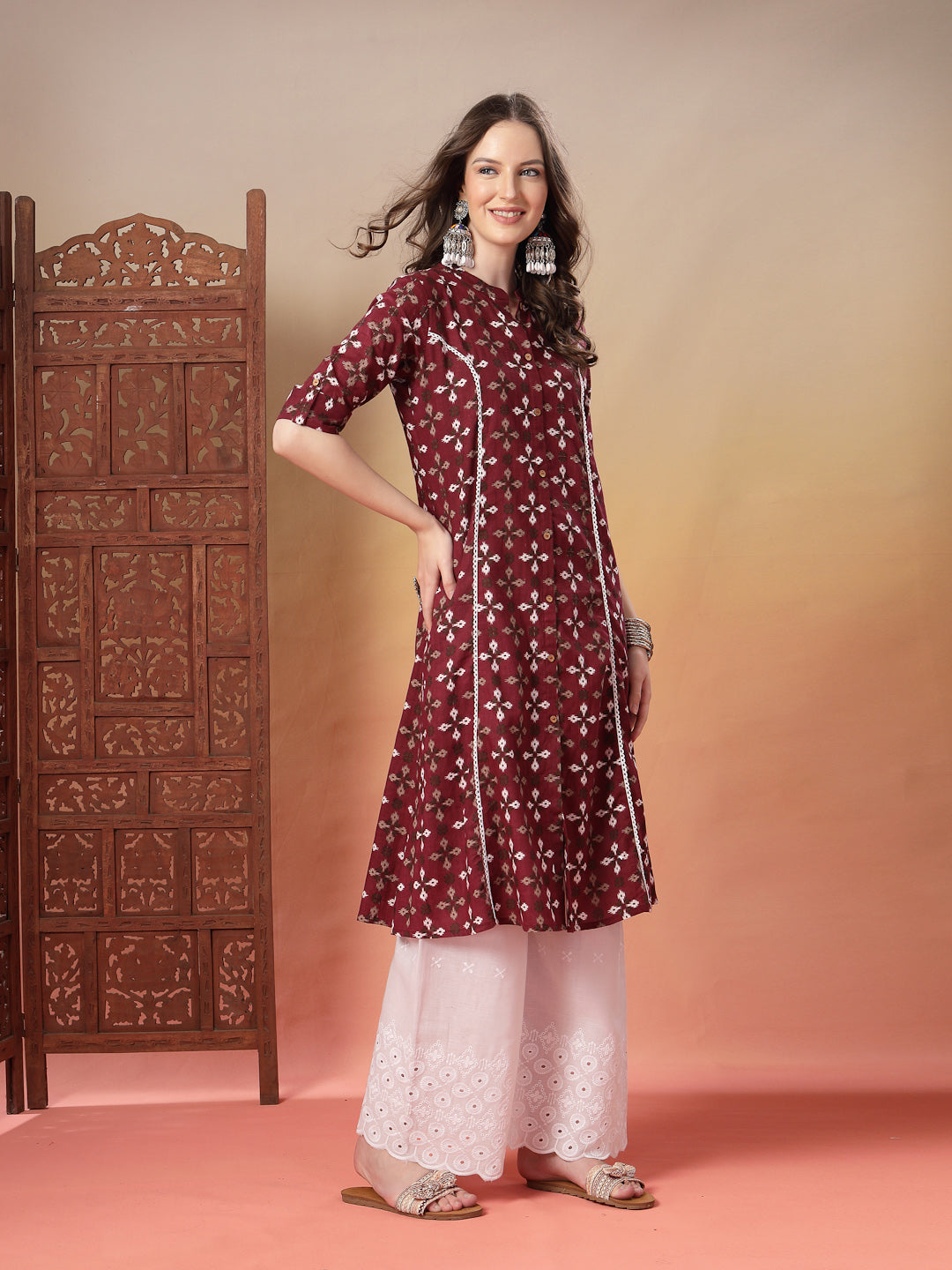 Stylum Women's Maroon Bandhej Printed Cotton A-Line Kurta (MAROONSORA)