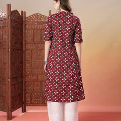 Stylum Women's Maroon Bandhej Printed Cotton A-Line Kurta (MAROONSORA)