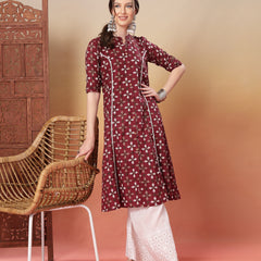 Stylum Women's Maroon Bandhej Printed Cotton A-Line Kurta (MAROONSORA)