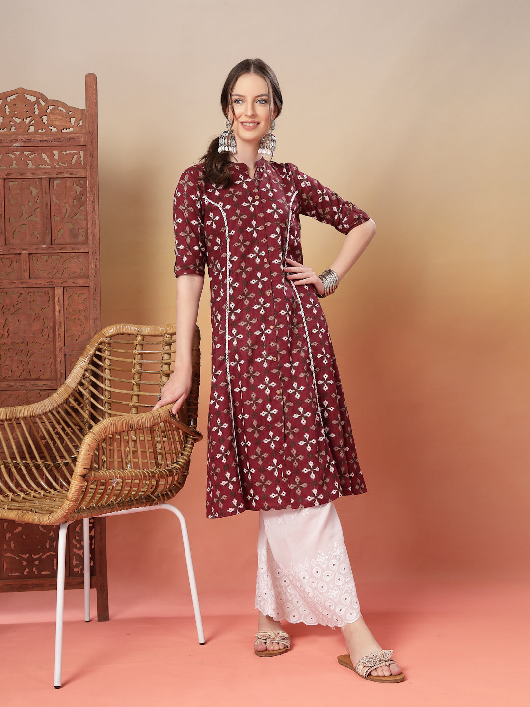 Stylum Women's Maroon Bandhej Printed Cotton A-Line Kurta (MAROONSORA)