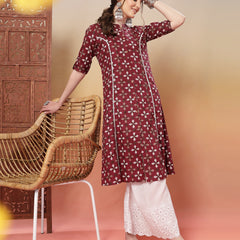 Stylum Women's Maroon Bandhej Printed Cotton A-Line Kurta (MAROONSORA)