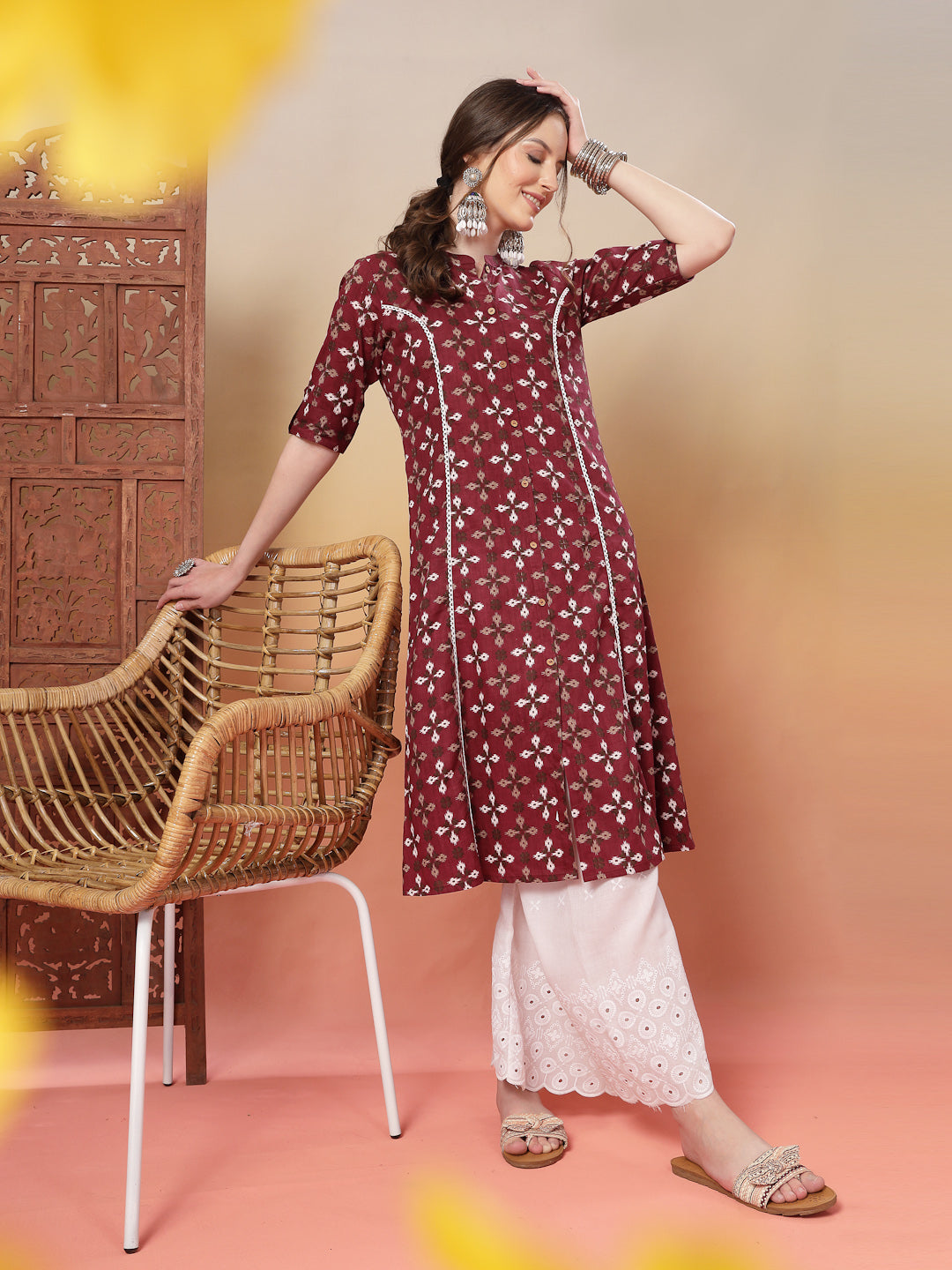 Stylum Women's Maroon Bandhej Printed Cotton A-Line Kurta (MAROONSORA)