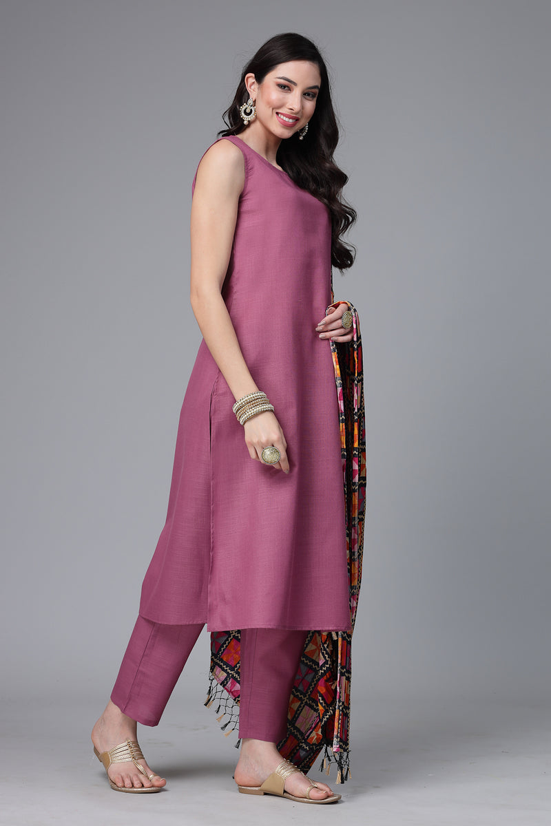 Stylum Women's Solid Cotton Blend Straight Kurta Pant Dupatta Set (MAUVEBETTY)