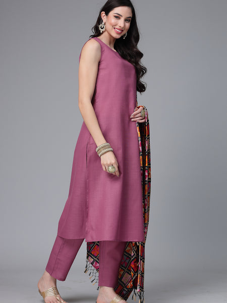 Stylum Women's Solid Cotton Blend Straight Kurta Pant Dupatta Set (MAUVEBETTY)