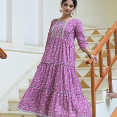 Stylum Women's Printed & Embellished Rayon Tiered kurta (MAUVEFERRO)