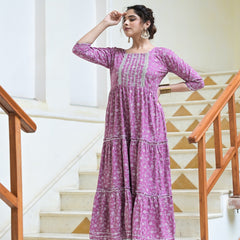 Stylum Women's Printed & Embellished Rayon Tiered kurta (MAUVEFERRO)