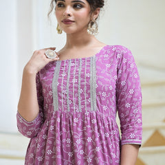 Stylum Women's Printed & Embellished Rayon Tiered kurta (MAUVEFERRO)