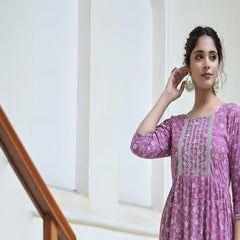 Stylum Women's Printed & Embellished Rayon Tiered kurta (MAUVEFERRO)