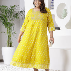 Plus Size Women Mustard Embroidered Long Kurta (MUSTRDDIONPLUS)