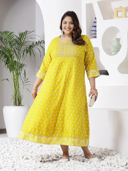 Plus Size Women Mustard Embroidered Long Kurta (MUSTRDDIONPLUS)