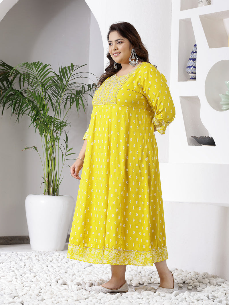 Plus Size Women Mustard Embroidered Long Kurta (MUSTRDDIONPLUS)