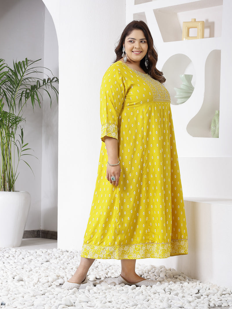 Plus Size Women Mustard Embroidered Long Kurta (MUSTRDDIONPLUS)