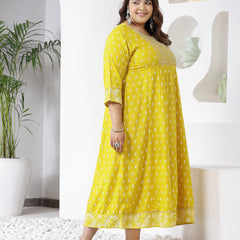 Plus Size Women Mustard Embroidered Long Kurta (MUSTRDDIONPLUS)
