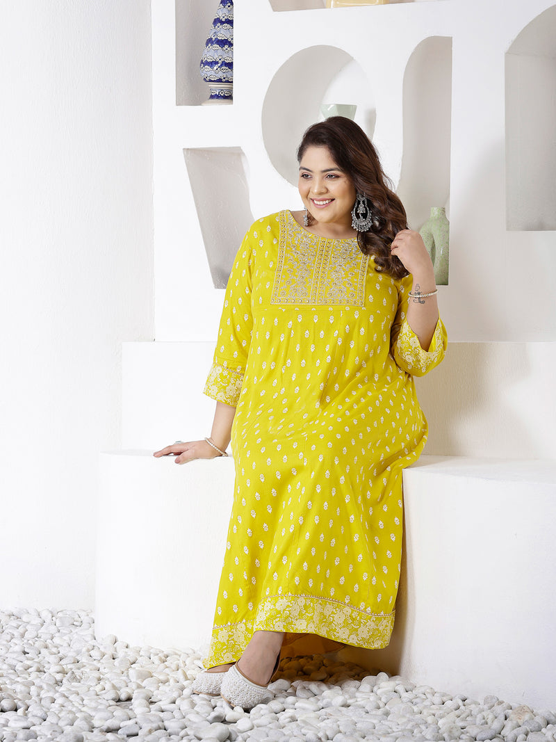 Plus Size Women Mustard Embroidered Long Kurta (MUSTRDDIONPLUS)