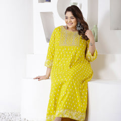 Plus Size Women Mustard Embroidered Long Kurta (MUSTRDDIONPLUS)