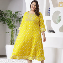 Plus Size Women Mustard Embroidered Long Kurta (MUSTRDDIONPLUS)