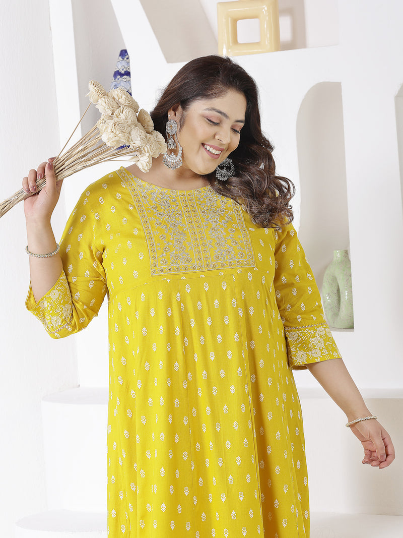 Plus Size Women Mustard Embroidered Long Kurta (MUSTRDDIONPLUS)
