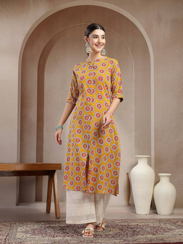 Stylum Women's Mustard Ethnic Printed Cotton A-Line Kurta (MUSTARDGINNI)