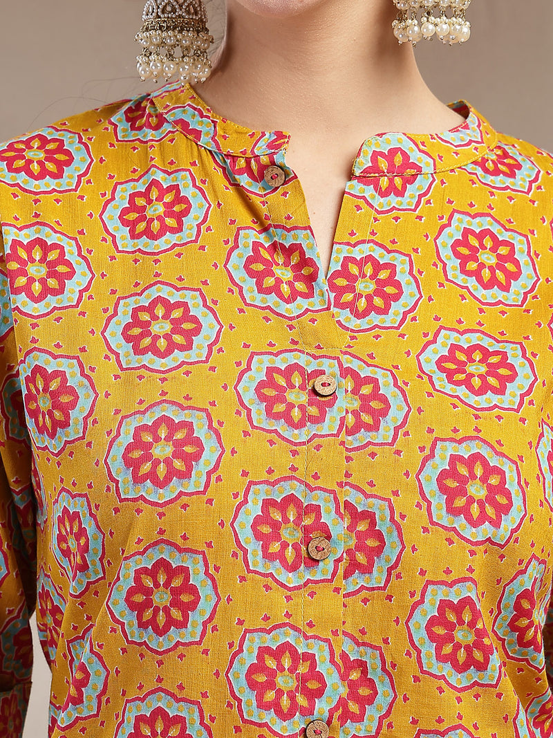 Stylum Women's Mustard Ethnic Printed Cotton A-Line Kurta (MUSTARDGINNI)