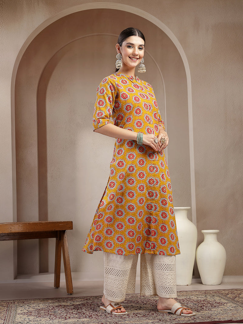 Stylum Women's Mustard Ethnic Printed Cotton A-Line Kurta (MUSTARDGINNI)