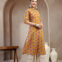 Stylum Women's Mustard Ethnic Printed Cotton A-Line Kurta (MUSTARDGINNI)