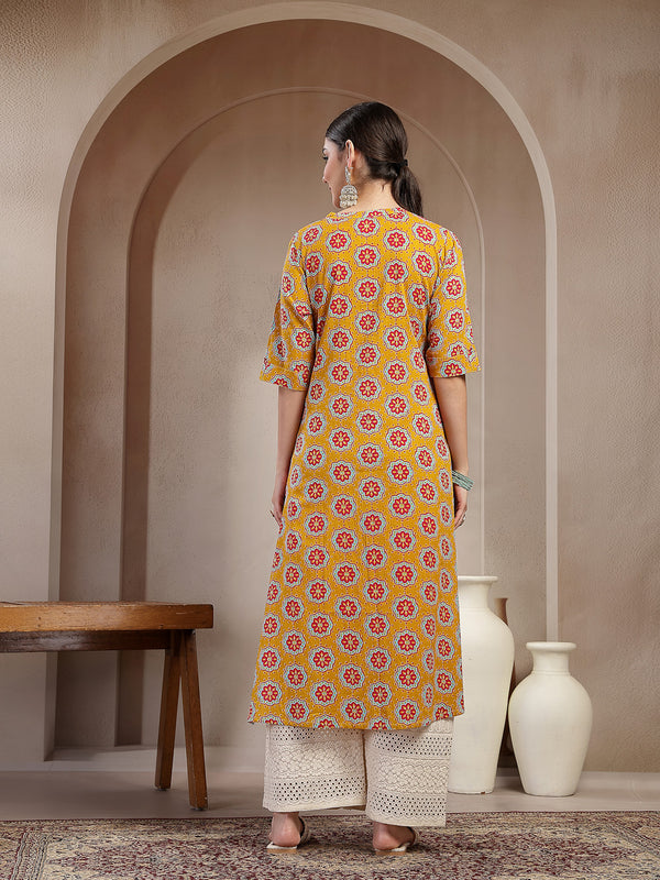 Stylum Women's Mustard Ethnic Printed Cotton A-Line Kurta (MUSTARDGINNI)