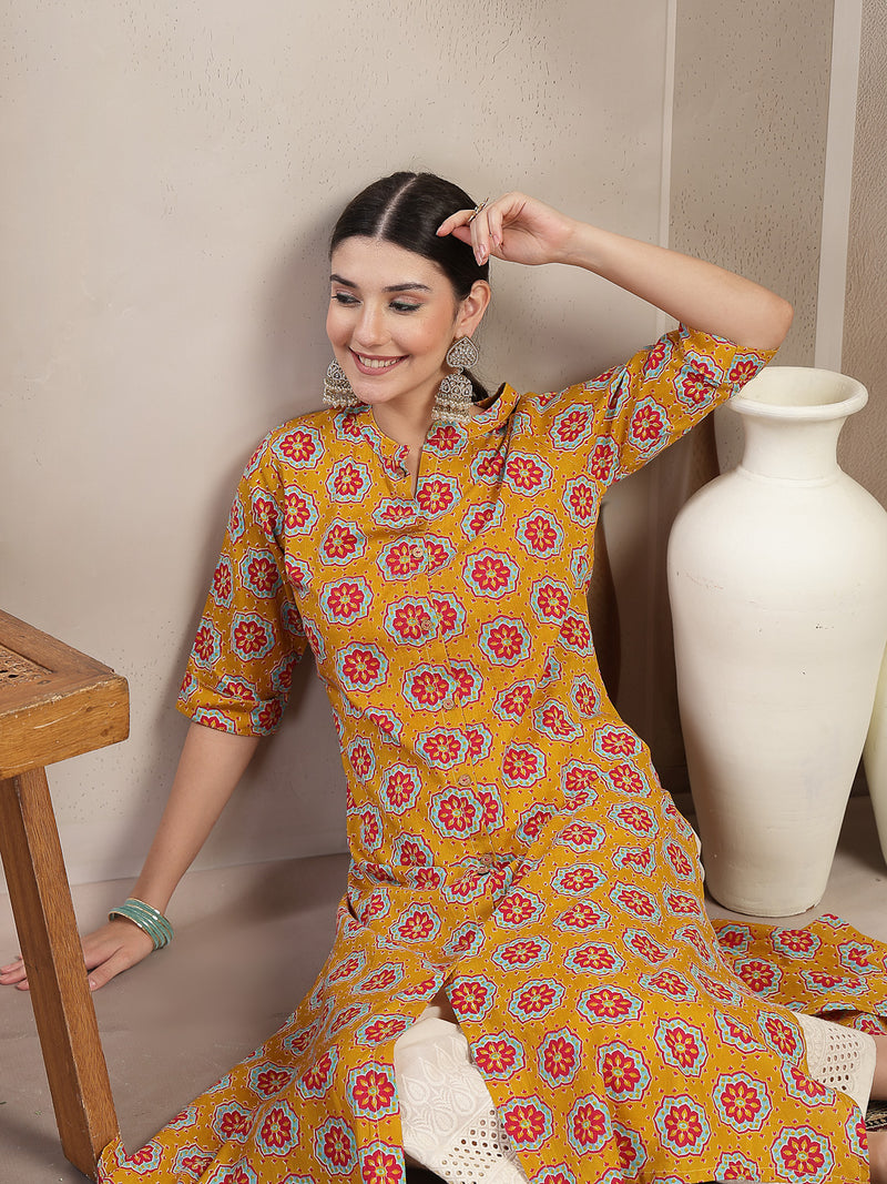 Stylum Women's Mustard Ethnic Printed Cotton A-Line Kurta (MUSTARDGINNI)