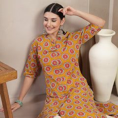 Stylum Women's Mustard Ethnic Printed Cotton A-Line Kurta (MUSTARDGINNI)