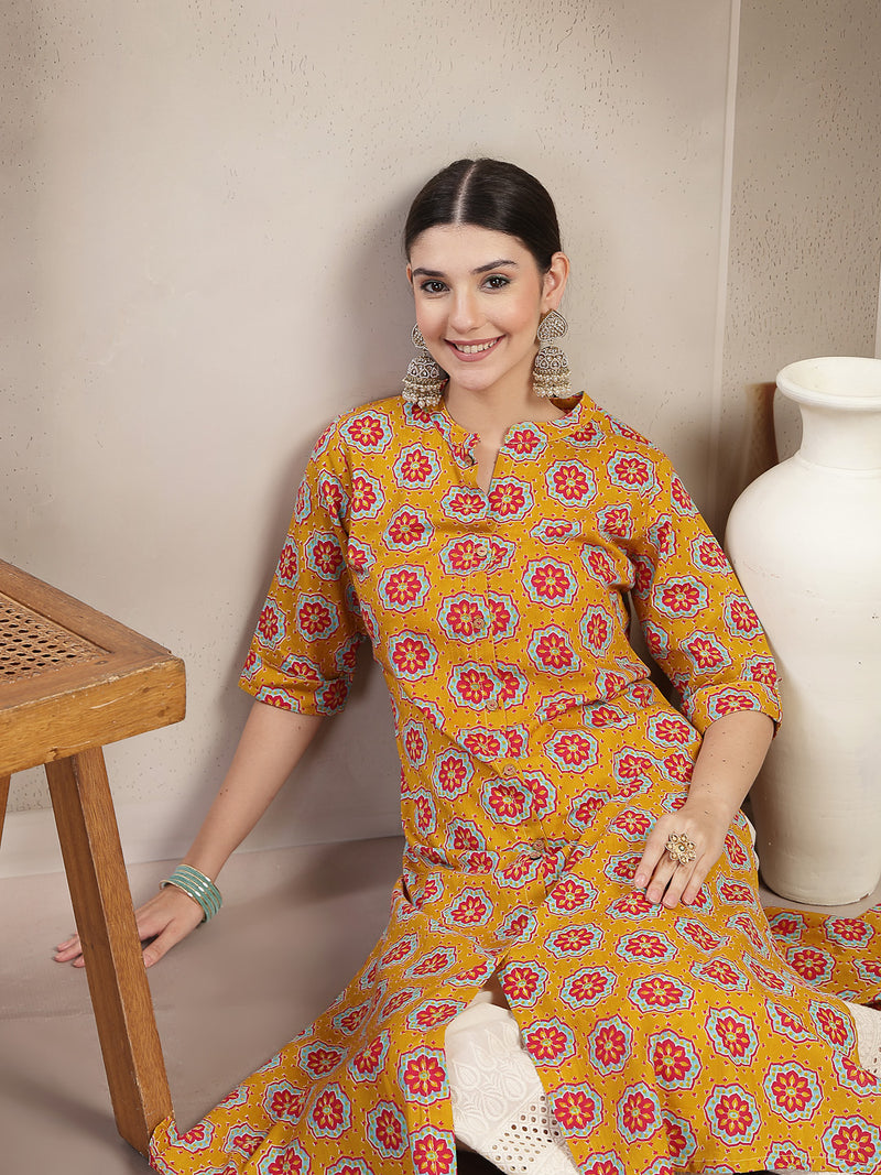 Stylum Women's Mustard Ethnic Printed Cotton A-Line Kurta (MUSTARDGINNI)