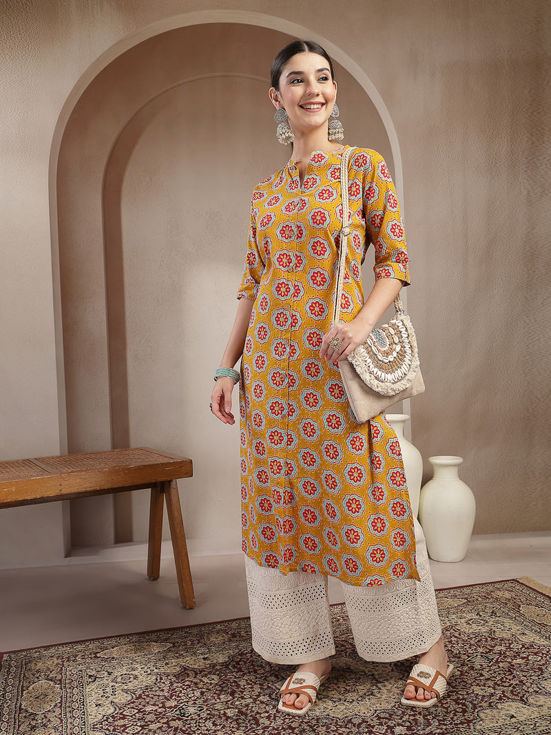 Stylum Women's Mustard Ethnic Printed Cotton A-Line Kurta (MUSTARDGINNI)