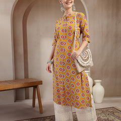 Stylum Women's Mustard Ethnic Printed Cotton A-Line Kurta (MUSTARDGINNI)