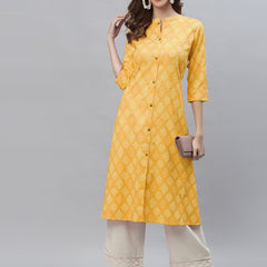 Stylum Women's Bandhani Printed Cotton Blend Straight Kurta (MUSTARDKESAR)
