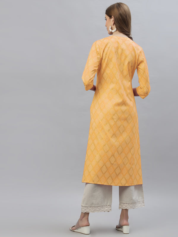 Stylum Women's Bandhani Printed Cotton Blend Straight Kurta (MUSTARDKESAR)